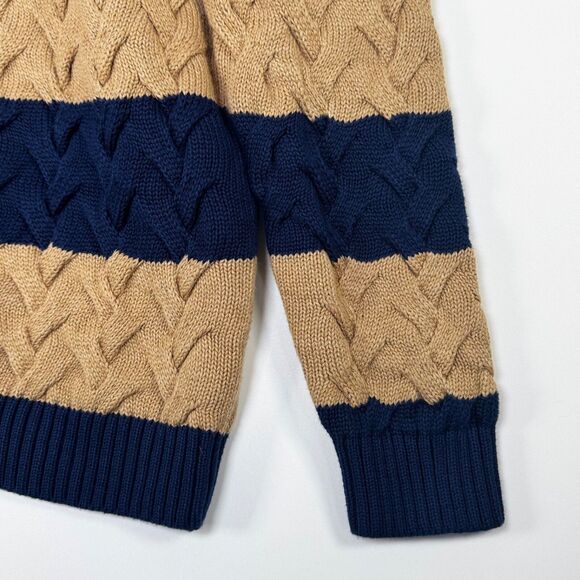 Lands End Women Drifter Sweater Medium Blue Tan Stripe Braided Cable Knit Preppy - Picture 5 of 13